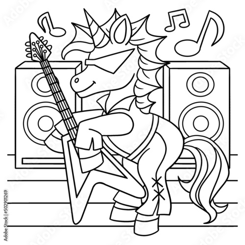 Unicorn With A Guitar Coloring Page for Kids