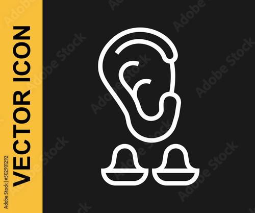 White line Earplugs and ear icon isolated on black background. Ear plug sign. Noise symbol. Sleeping quality concept. Vector