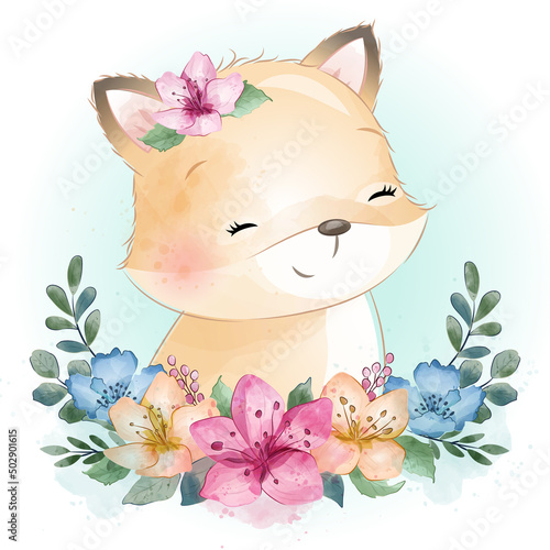 Cute foxy with floral illustration photo