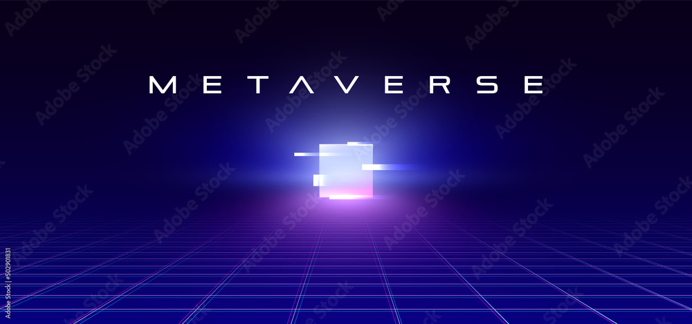 Metaverse abstract background with colorful glowing square on the horizon, perspective laser glitchy grid with bright gradient square, virtual cyber space, future technology concept.