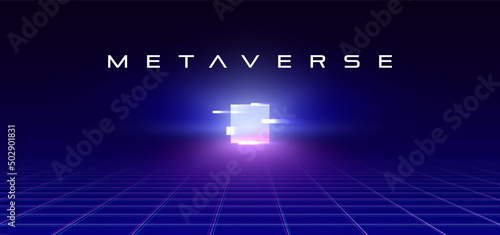 Obraz na płótnie Metaverse abstract background with colorful glowing square on the horizon, perspective laser glitchy grid with bright gradient square, virtual cyber space, future technology concept. w salonie