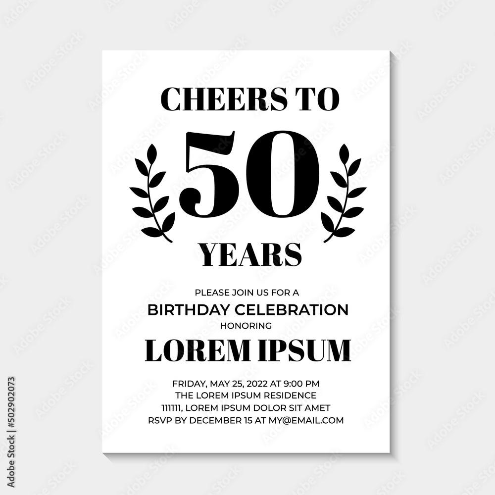50th Birthday or Anniversary invitation card. Birthday Party invite. Cheers to 50 years. Vector template