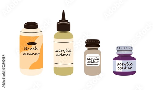 Acrylic paints, brush cleaner liquids in bottles. Painting colours in plastic packs. Different drawing dyes in packages, containers. Art supplies. Flat vector illustration isolated on white background