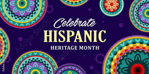 Hispanic heritage month. Vector web banner, poster, card for social media, networks. Greeting Hispanic heritage month text, Huichol pattern, perforated paper on black background.