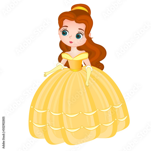 Little princess in crown wearing in magnificent dress color and outlined isolated on a white background. vector illustration