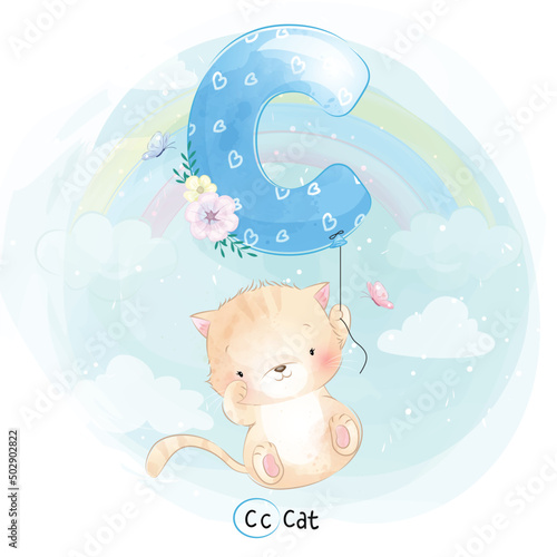 Cute cat with alphabet C balloon illustration