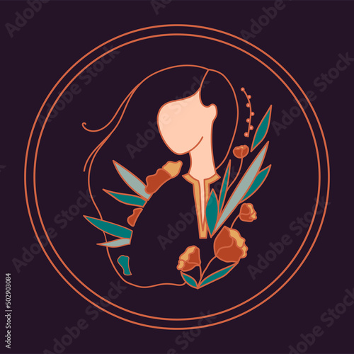 Illustration in a minimalistic linear style with a beautiful female portrait in flowers. For hairdressers, beauty salons, organic cosmetics, SPA, printing, jewelry store.