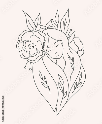 Wallpaper Mural Illustration in a minimalistic linear style with a beautiful female portrait in flowers. For hairdressers, beauty salons, organic cosmetics, SPA, printing, jewelry store. Torontodigital.ca