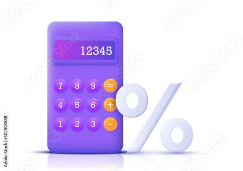 The percentage sign on the background of a calculator in a modern 3D style. Calculator and percentages are isolated on a white background. Vector illustration