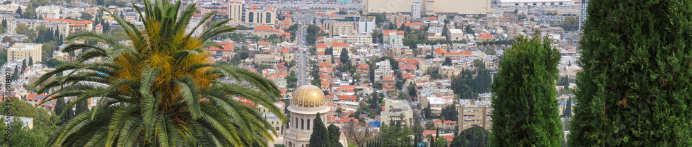 Beautiful panoramic aerial view of the Bahai Gardens and Ben Gurion Street in Haifa, Israel.