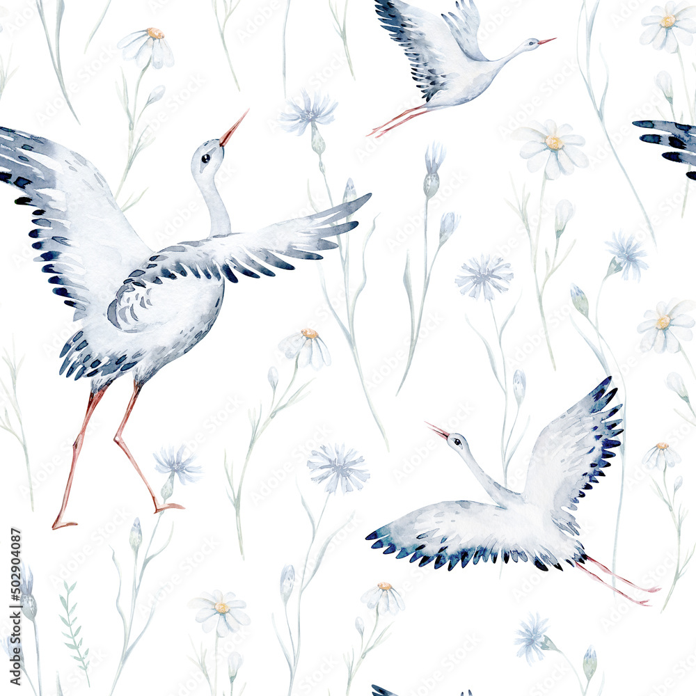Obraz premium Watercolor wildflowers seamless pattern with poppy, cornflower chamomile, rye and wheat spikelets background