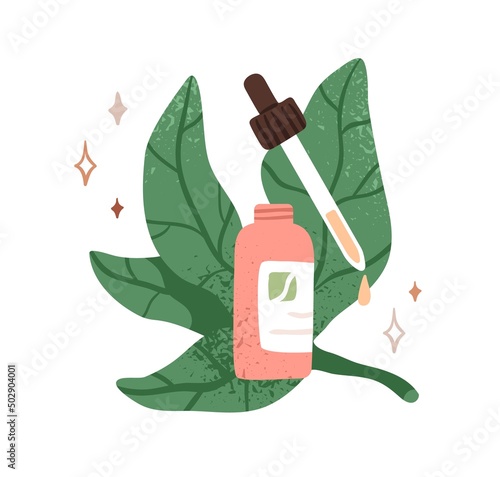 Cosmetic serum in bottle with dropper, pipette and drop of essence. Face skincare oil essential. Organic natural vegan beauty skin care product. Flat vector illustration isolated on white background