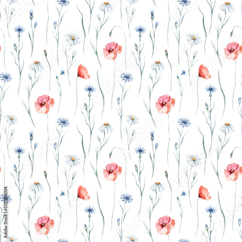 Watercolor wildflowers seamless pattern with poppy, cornflower chamomile, rye and wheat spikelets background