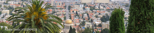 Beautiful panoramic aerial view of the Bahai Gardens and Ben Gurion Street in Haifa, Israel.