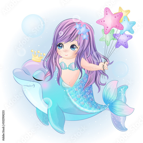 Cute mermaid with watercolor illustration