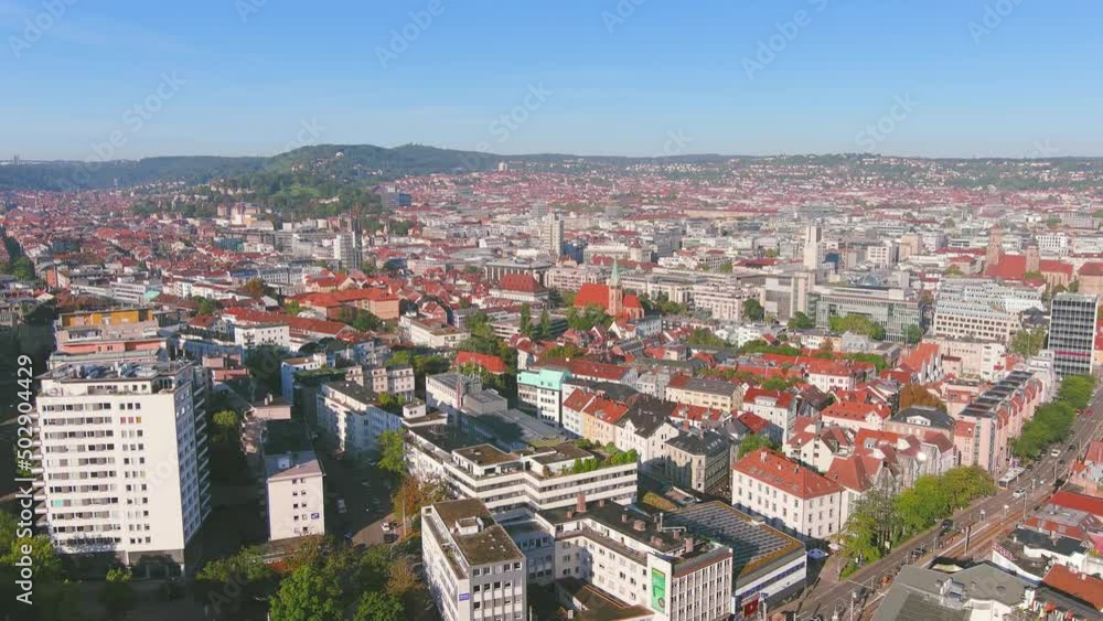 Stuttgart: Aerial view of city in Germany and capital of German state of Baden-Württemberg, sunny day with clear blue sky - landscape panorama of Europe from above Stuttgart: Aerial view of city in Germany and capital of German state of Baden-Württemberg, sunny day with clear blue sky - landscape panorama of Europe from above