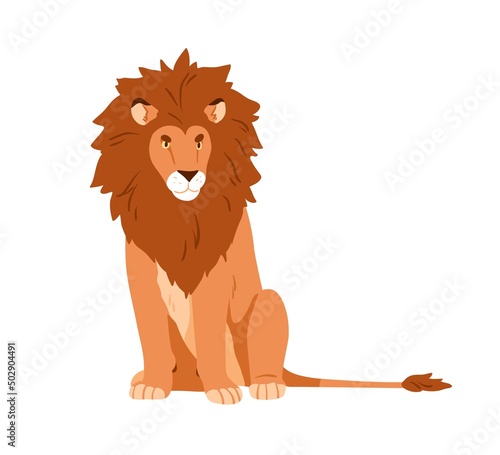 Wild adult male lion with mane. African feline animal sitting. Leo king with ...