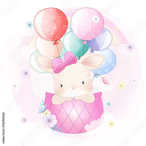 Cute rabbit flying with air balloon illustration © MagicalPlanet