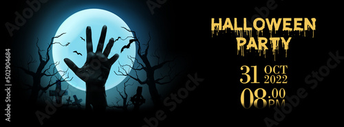Halloween party poster . zombie hand rising out from the soil . banner . linkedin cover, Facebook cover, instagram post