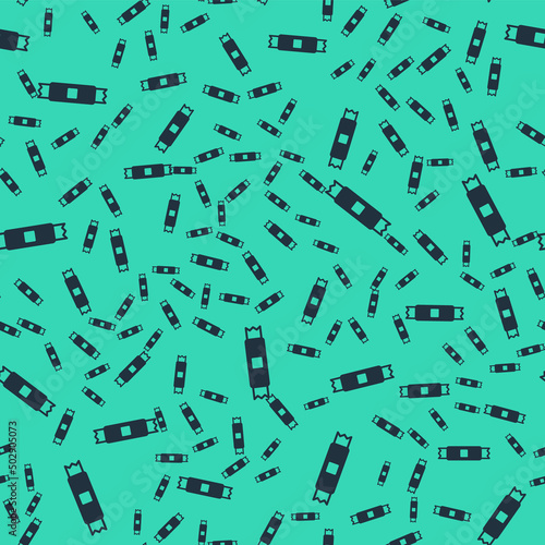 Black Sugar stick packets icon isolated seamless pattern on green background. Blank individual package for bulk food products as coffee, salt, spices. Vector
