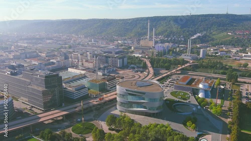 Stuttgart: Aerial view of city in Germany, industrial part of city with factories, sunny day (morning) - landscape panorama of Europe from above photo