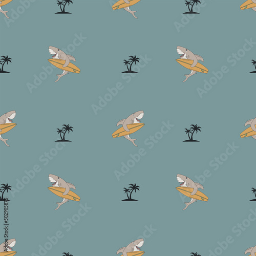 Seamless pattern with shark, surf boards and waves in doodle style. The concept of surfing. Hand-drawn.