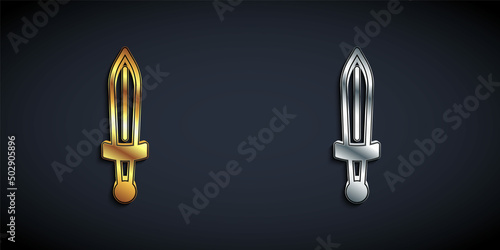 Gold and silver Medieval sword icon isolated on black background. Medieval weapon. Long shadow style. Vector