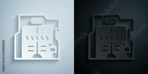 Paper cut Futuristic sliding doors icon isolated on grey and black background. Paper art style. Vector