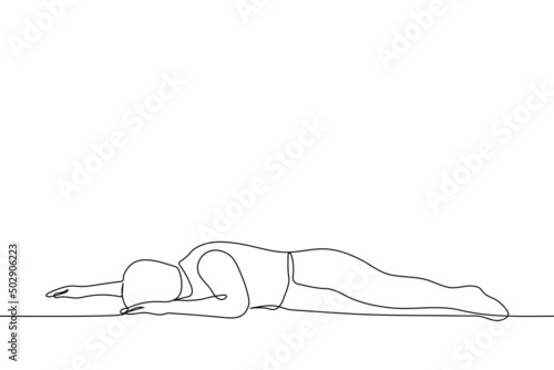 man lies prone on the floor - one line drawing vector. the concept of fatigue, dead man, procrastination, depression, apathy, laziness, impotence