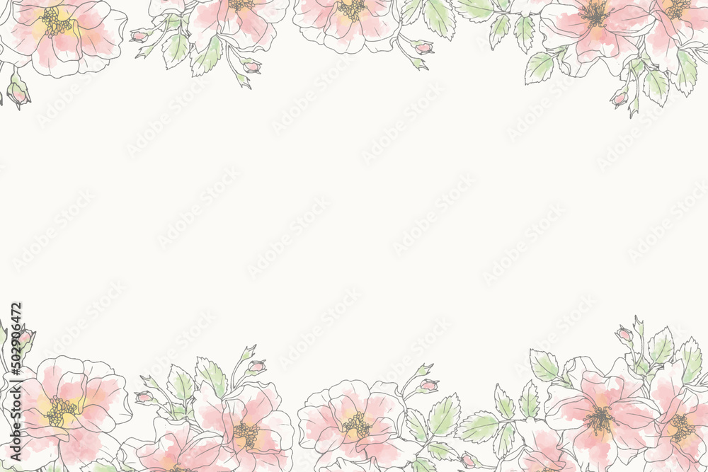 watercolor line art pink rose flower bouquet wreath frame minimal banner background