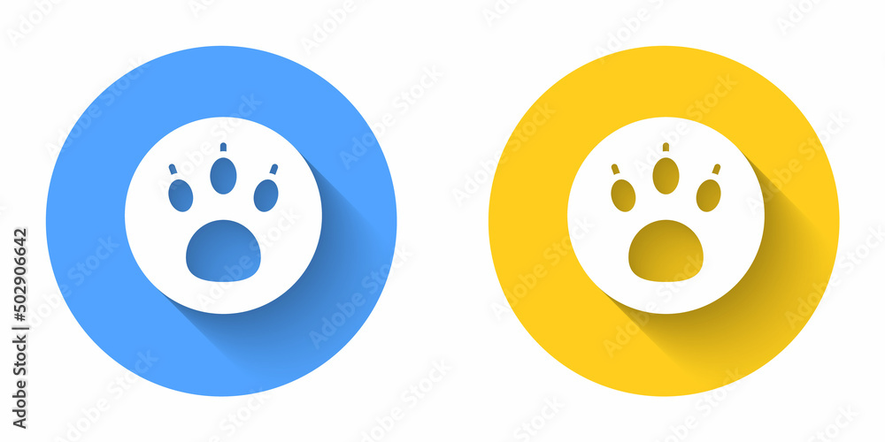 Fototapeta premium White Paw search icon isolated with long shadow background. Magnifying glass with animal footprints. Circle button. Vector