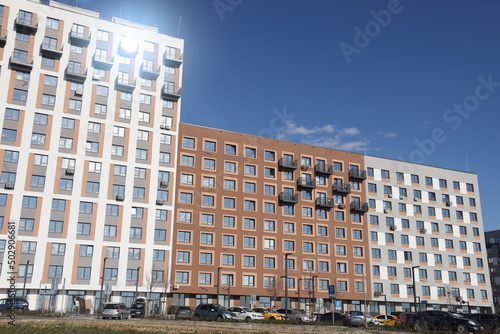 Photography Sleeping area with high-rise buildings on a sunny spring day, Vidnoe, Moscow region, May 2022