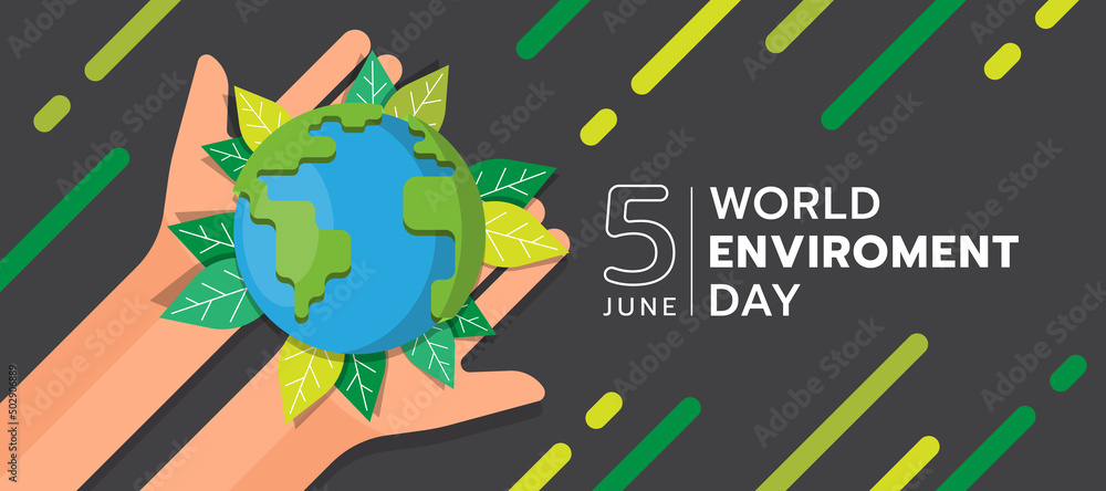 world environment day - top view hands hold globe and green leaf around on stripe green line and dark background vector design