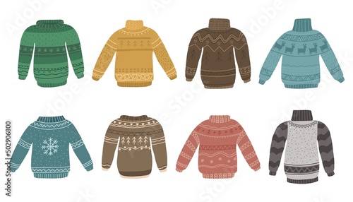 Christmas ugly sweater. Xmas funny handmade jumpers. Vector print pullovers