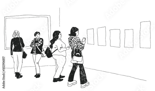 Sketch People at Art gallery or museum exhibition looking at paintings and artworks doodle hahd drawn line vector illustration