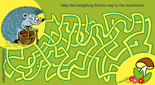 Maze puzzle with cartoon hedgehog and mushrooms