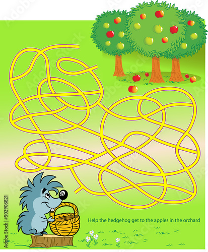 Puzzle maze with cartoon hedgehog and apple orchard