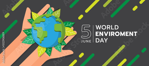 world environment day - top view hands hold globe and green leaf around on stripe green line and dark background vector design