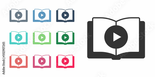 Black Audio book icon isolated on white background. Play button and book. Audio guide sign. Online learning concept. Set icons colorful. Vector