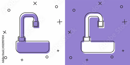 Set Washbasin with water tap icon isolated on white and purple background. Vector