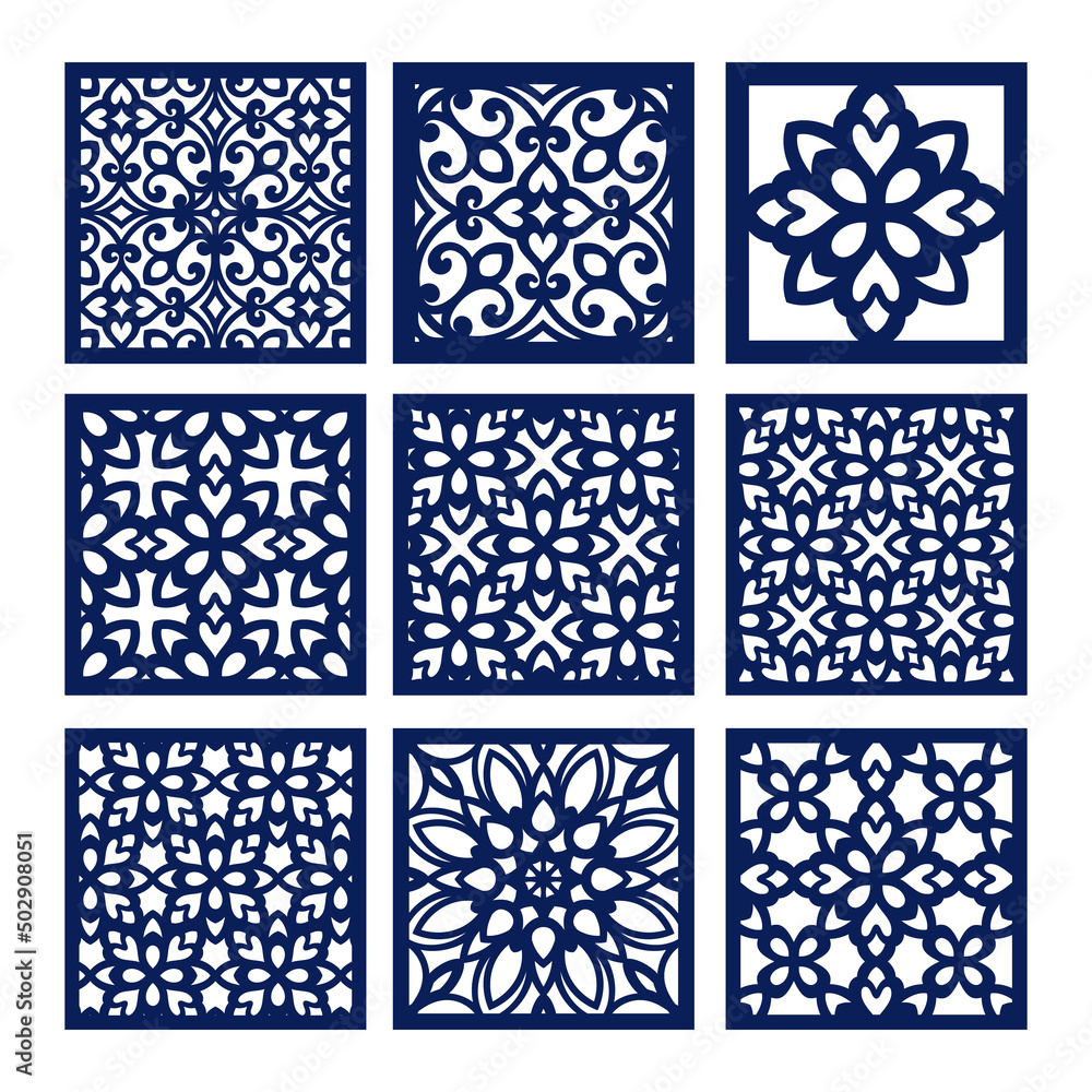 Square patterned coaster collection; laser cut templates, vector.