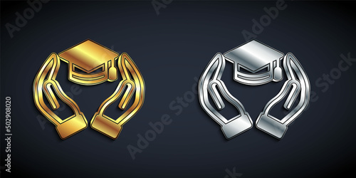 Gold and silver Education grant icon isolated on black background. Tuition fee, financial education, budget fund, scholarship program, graduation hat. Long shadow style. Vector