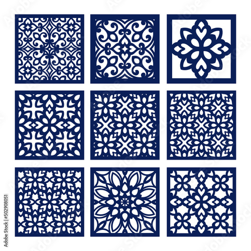 Square patterned coaster collection; laser cut templates, vector.