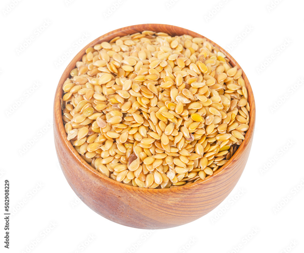 Gold Flax seed in wooden bowl isolated on white background, Save clipping path.