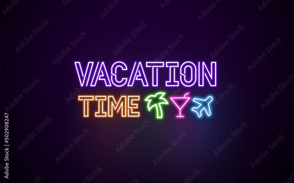 Neon sign saying 'vacation time' with an abstract illustration of a palm, a cocktail glas and an airplane, purple, orange, green, pink and blue color on a black background. 