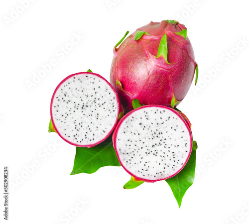 Dragon fruit with green leaf isolated on white background.