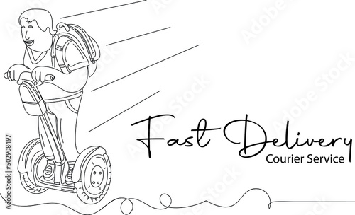 Outline sketch drawing of Courier Service boy on scooter, Courier Service silhouette logo, line art illustration vector of courier boy on electric scooter