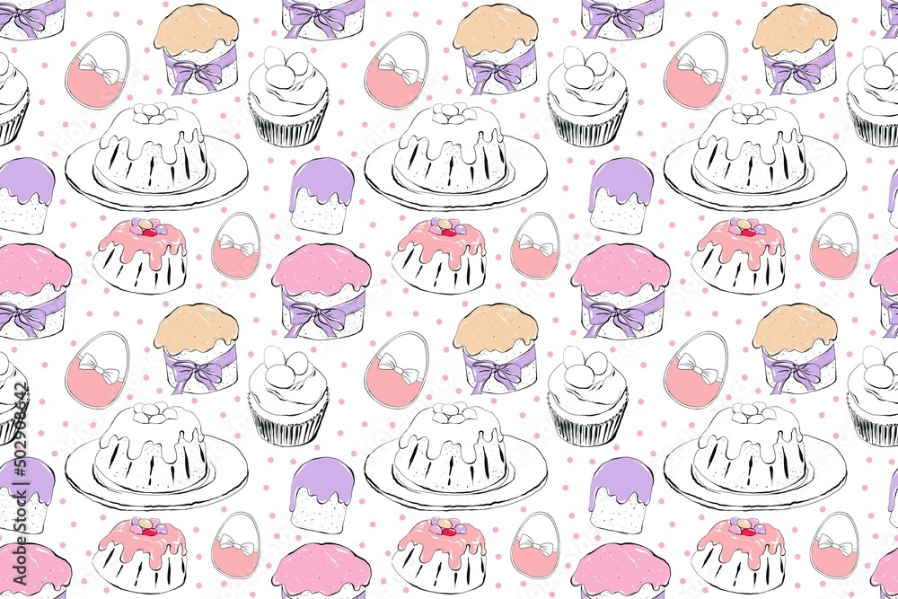 Cake seamless pattern with cute Easter eggs and sweet dessert. Cute Easter in cartoon style, hand painting illustration