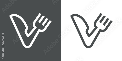 Logotipo restaurante con letra V con silueta de tenedor y cuchillo con líneas en fondo gris y fondo blanco