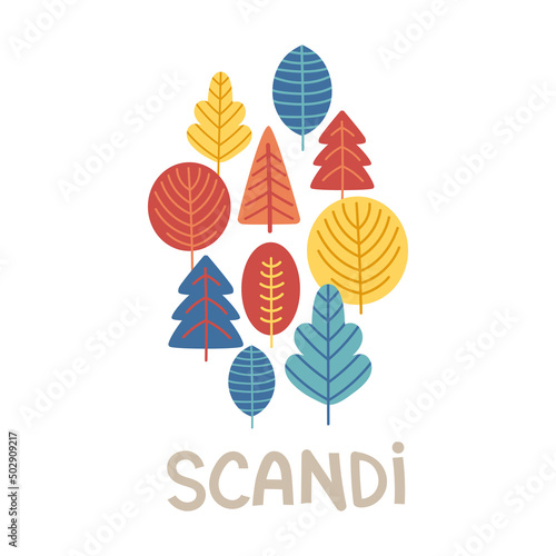Composition with trees in scandinavian style. Folk art. Banner, greeting card. Vector nordic illustrations. Scandi logo